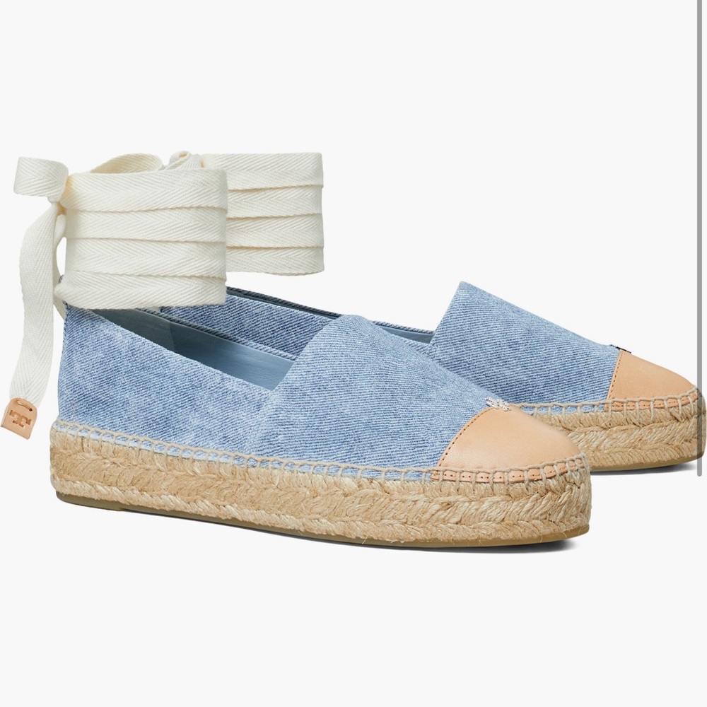 NEW Tory Burch Ankle Wrap Platform Espadrille in Blue Cloud / Naturale